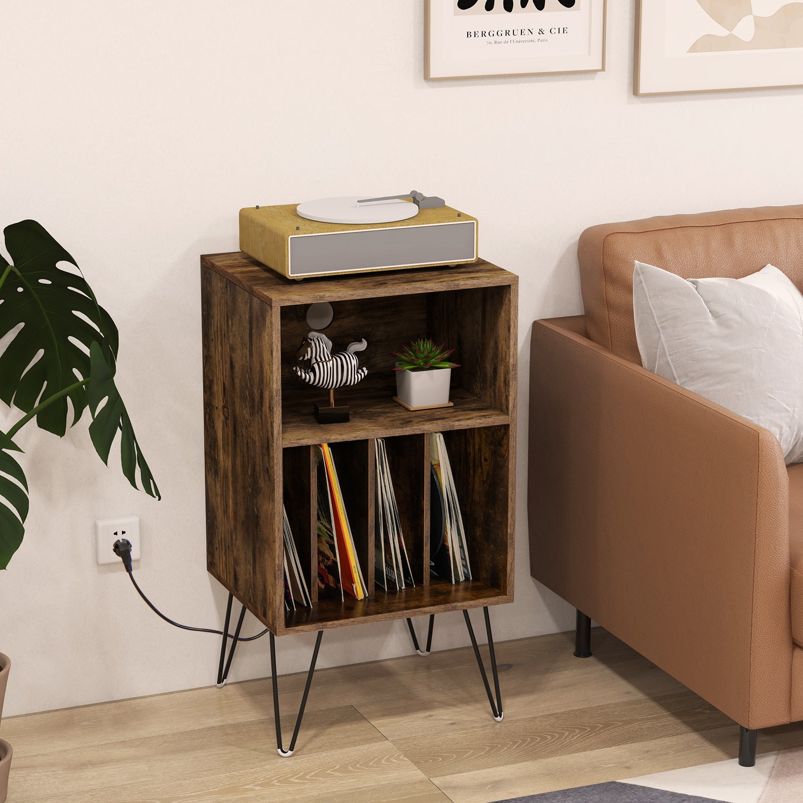 Record Player Stand With Charging Station, Rustic Brown End & Side Tables at Gallery Canada