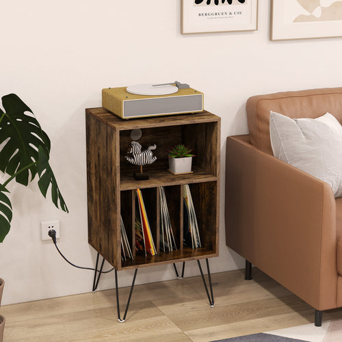 Record Player Stand With Charging Station, Rustic Brown