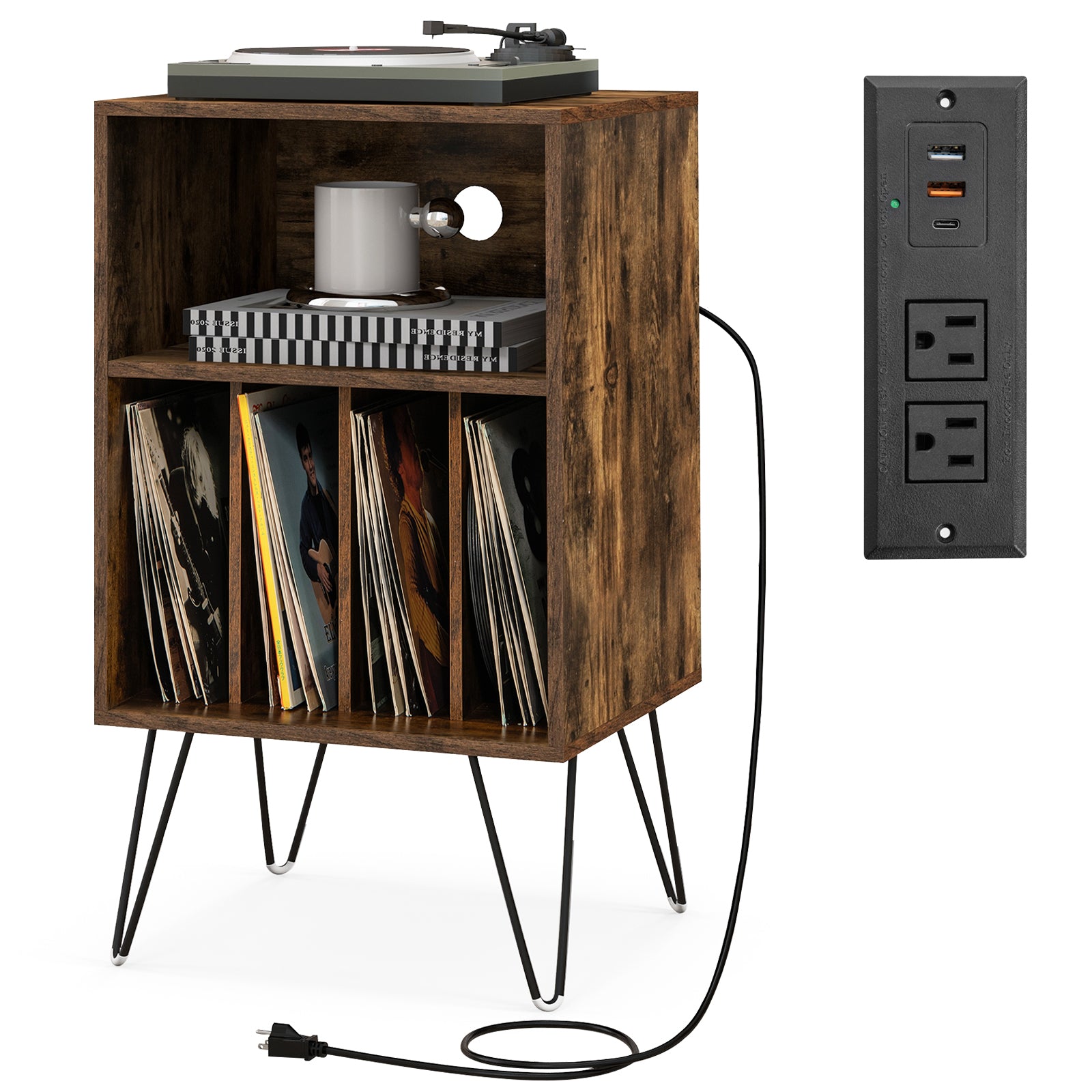 Record Player Stand With Charging Station, Rustic Brown End & Side Tables at Gallery Canada