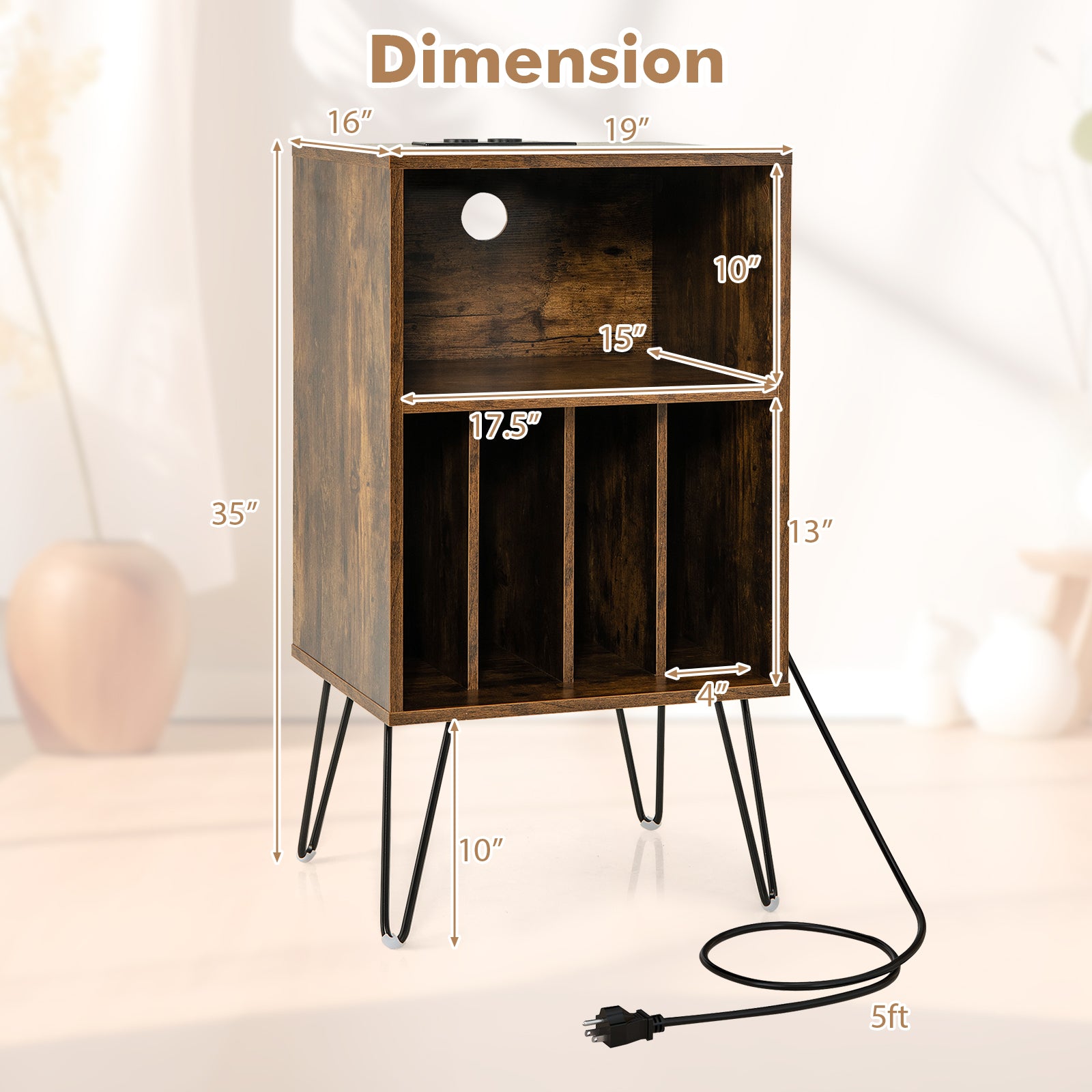 Record Player Stand With Charging Station, Rustic Brown End & Side Tables at Gallery Canada