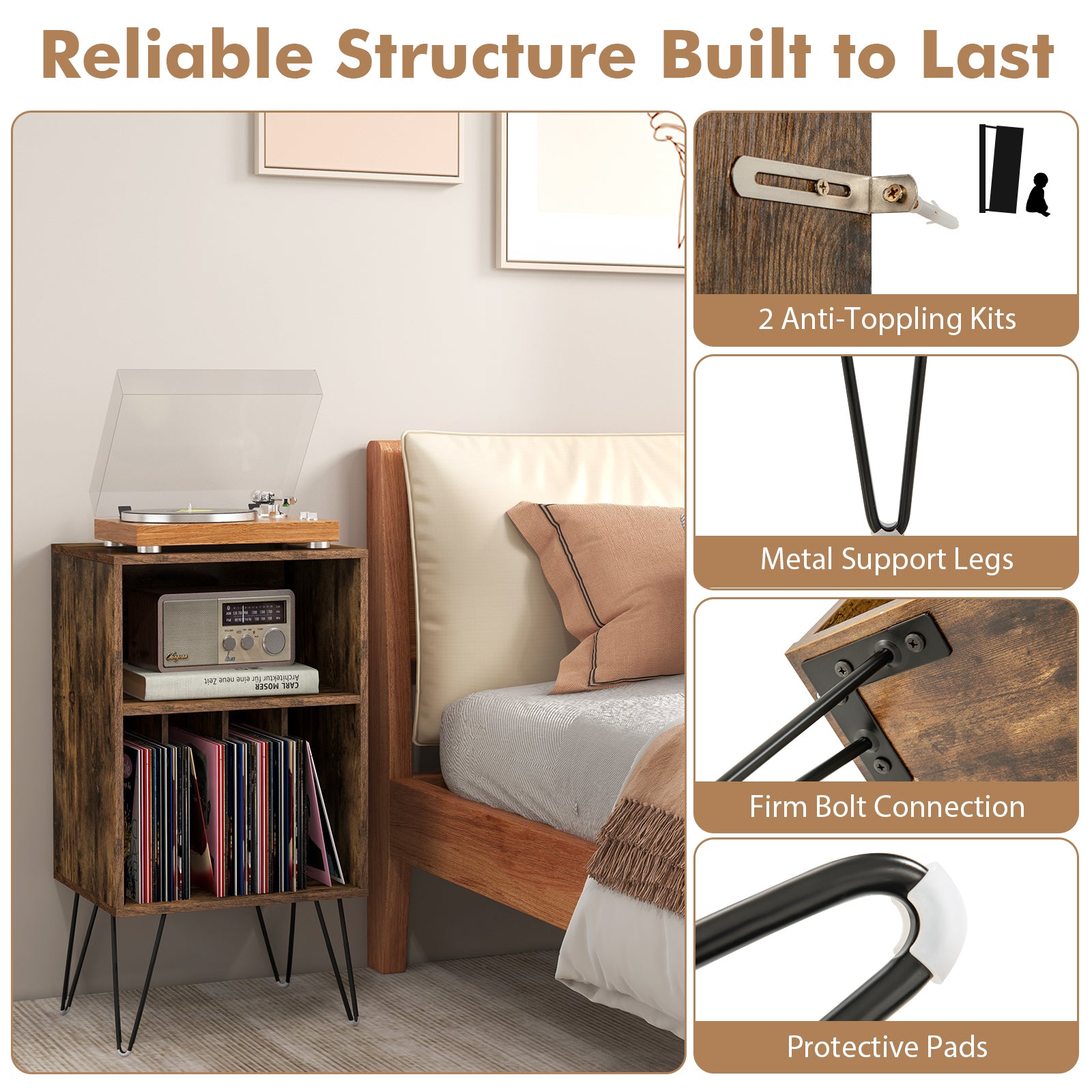 Record Player Stand With Charging Station, Rustic Brown End & Side Tables at Gallery Canada