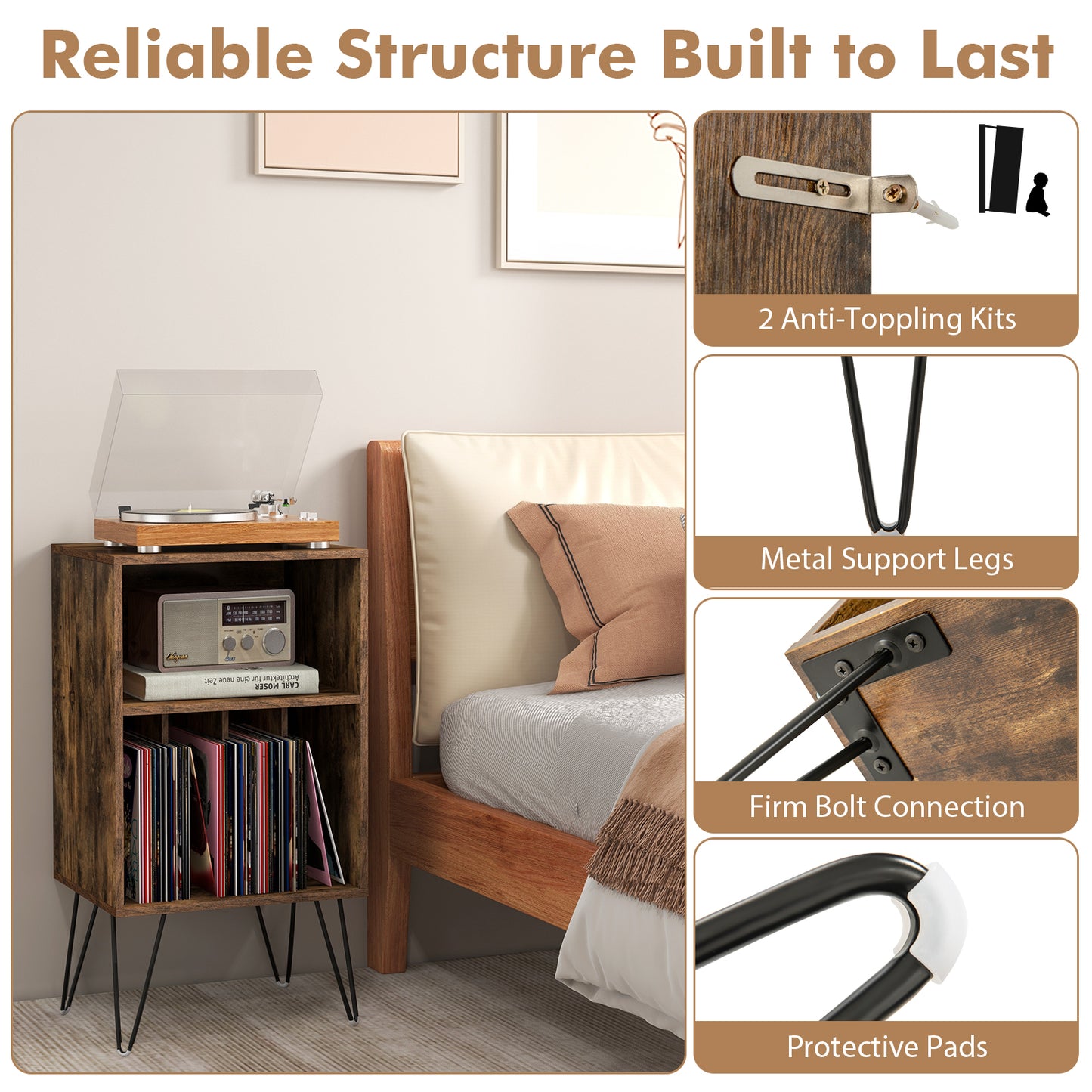 Record Player Stand With Charging Station, Rustic Brown End & Side Tables at Gallery Canada