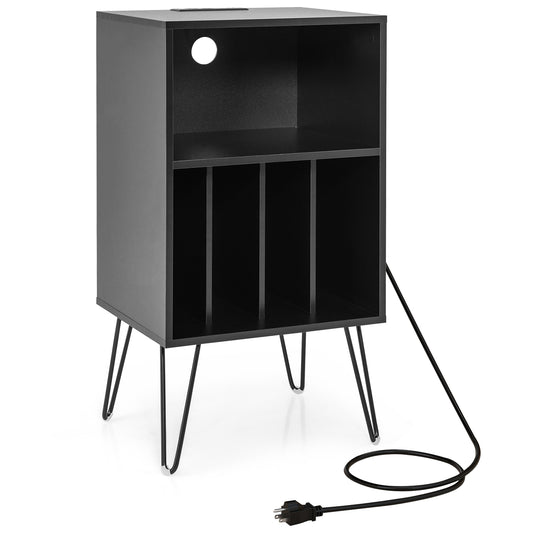 Record Player Stand With Charging Station, Black End & Side Tables Black at Gallery Canada