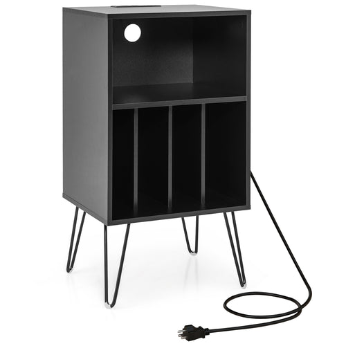 Record Player Stand With Charging Station, Black