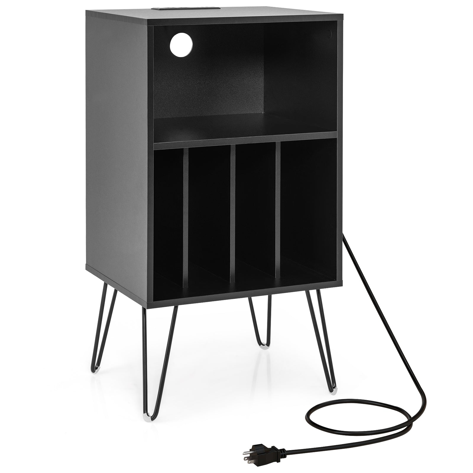 Record Player Stand With Charging Station, Black End & Side Tables Black at Gallery Canada