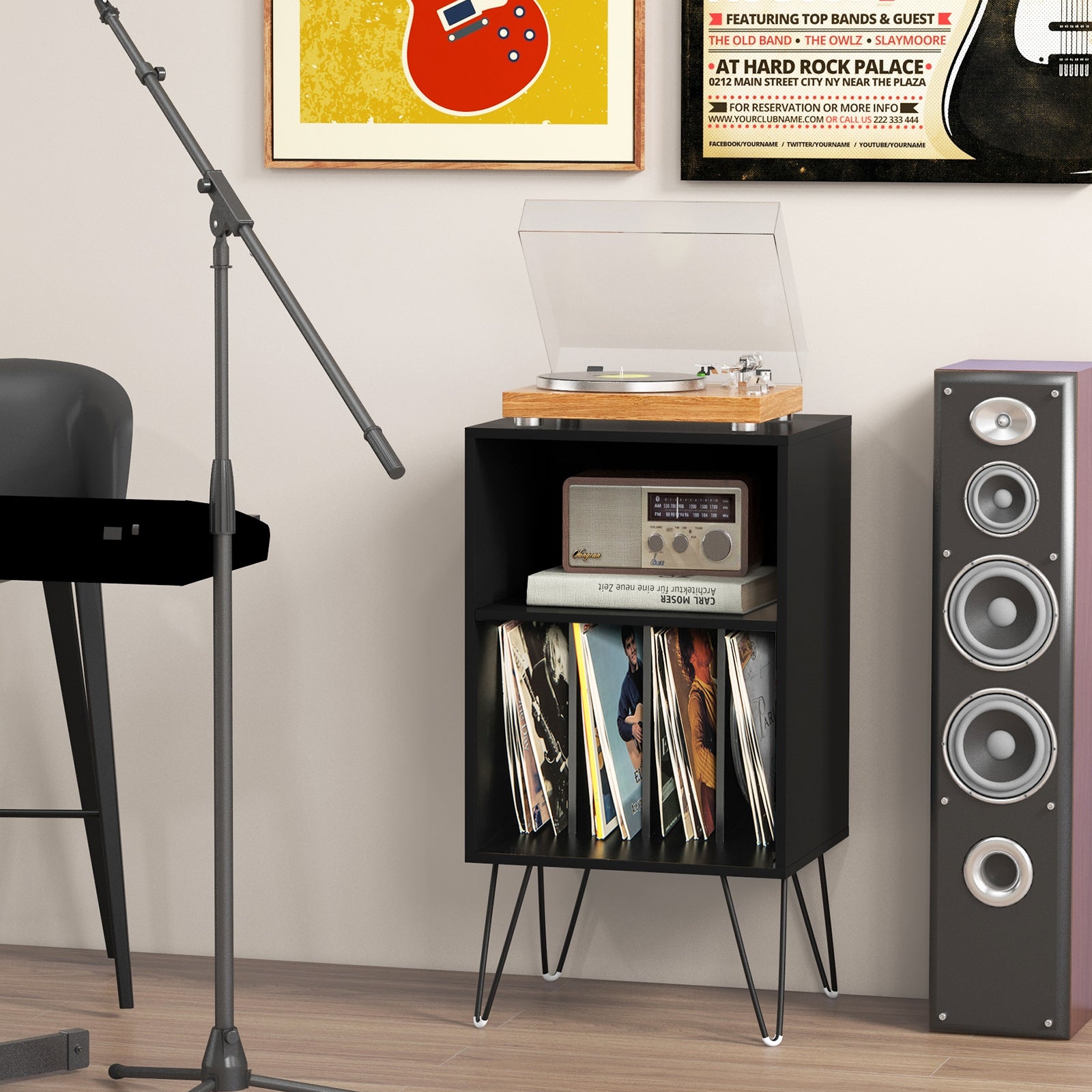 Record Player Stand With Charging Station, Black End & Side Tables at Gallery Canada