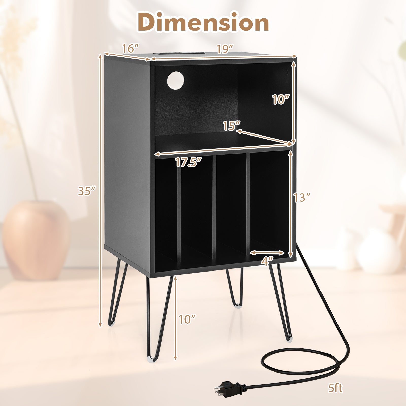 Record Player Stand With Charging Station, Black End & Side Tables at Gallery Canada