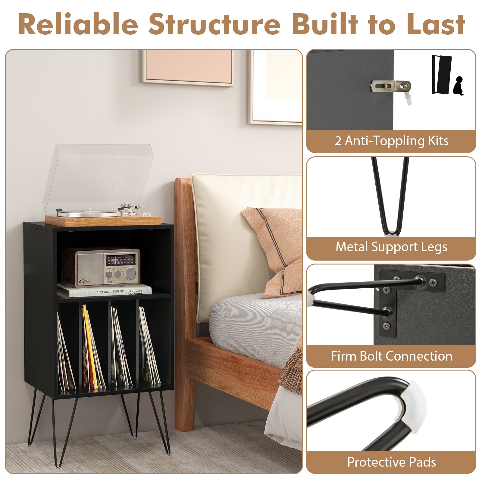 Record Player Stand With Charging Station, Black End & Side Tables at Gallery Canada