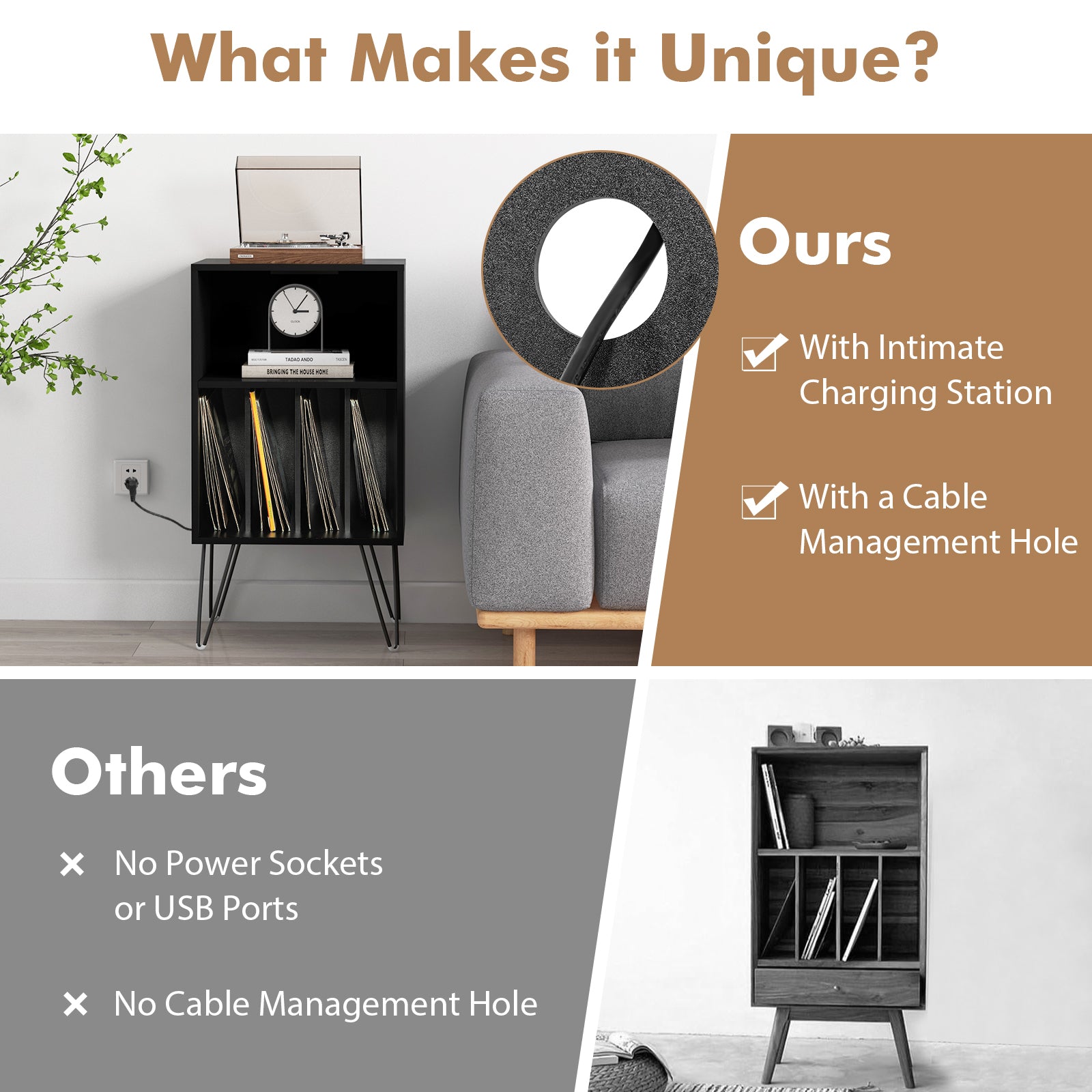 Record Player Stand With Charging Station, Black End & Side Tables at Gallery Canada