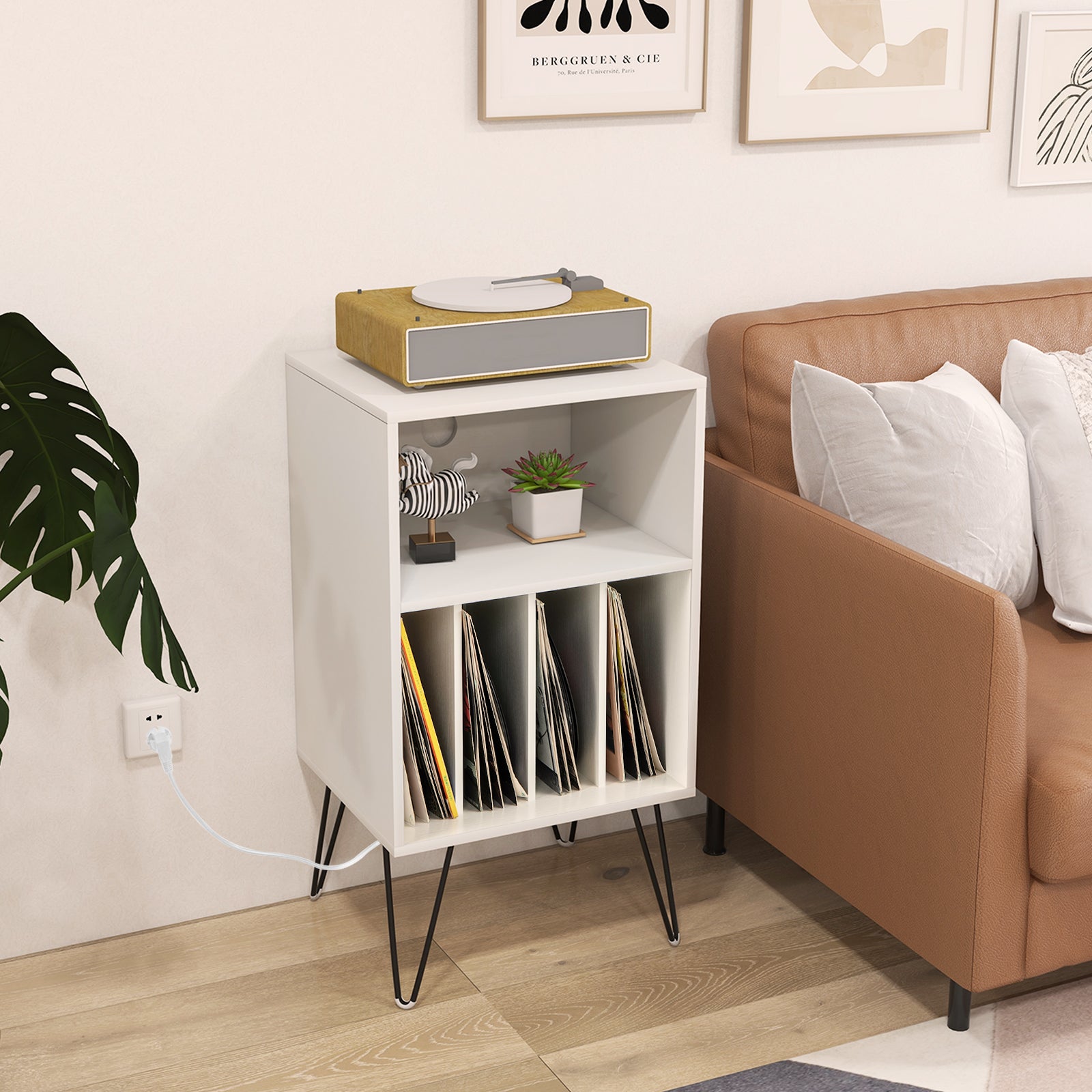 Record Player Stand With Charging Station, White End & Side Tables at Gallery Canada