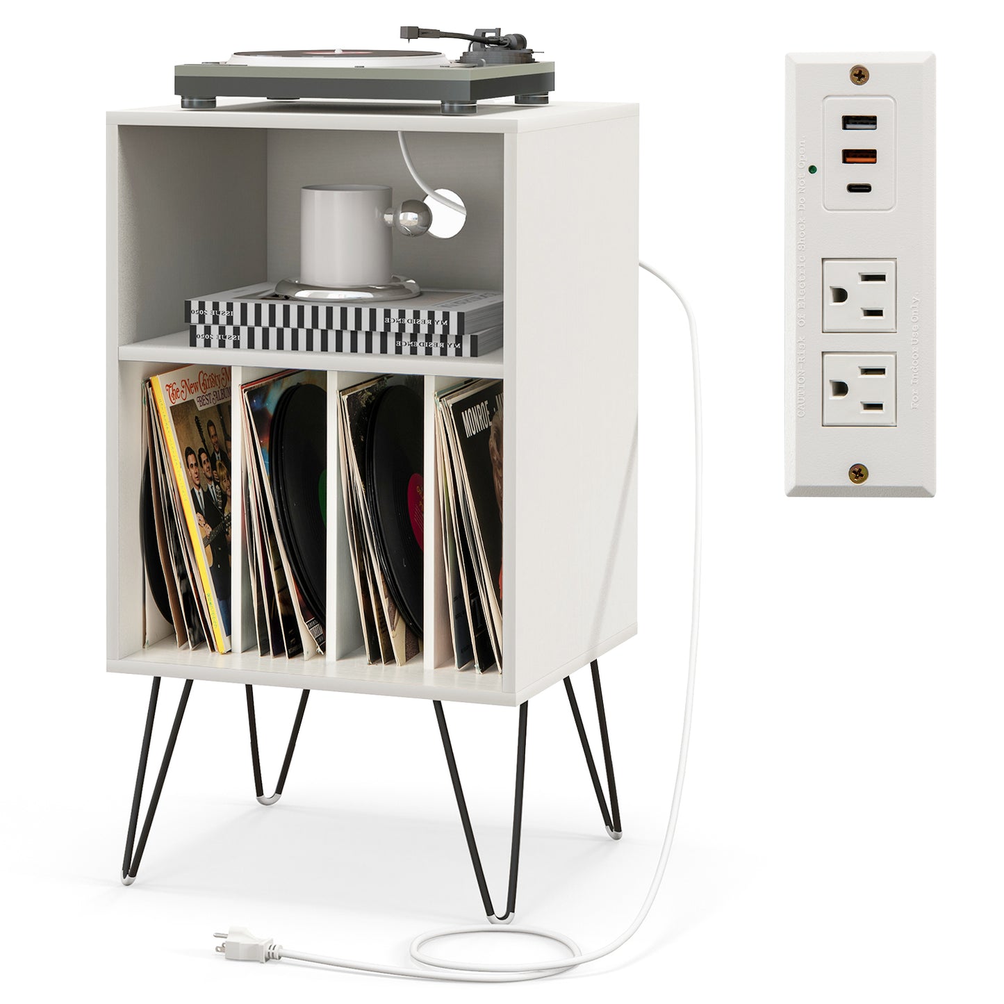 Record Player Stand With Charging Station, White End & Side Tables at Gallery Canada