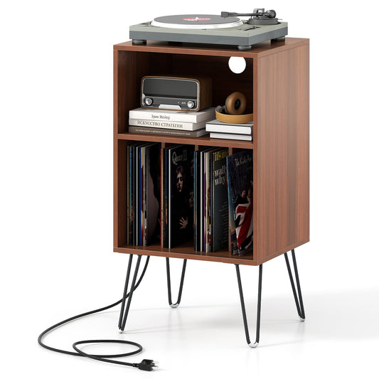 Record Player Stand With Charging Station, Walnut