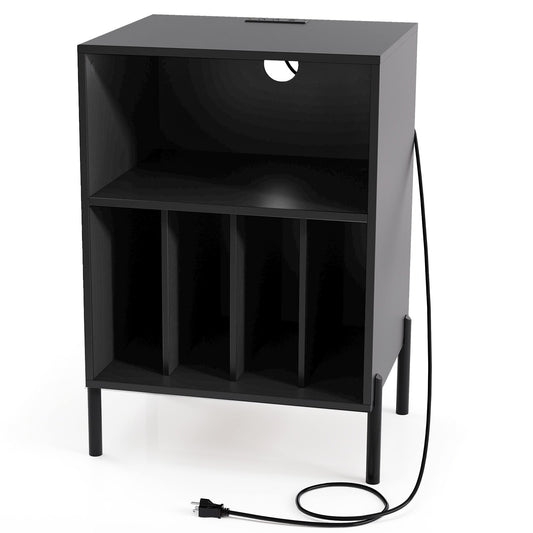 Record Player Stand With Storage Shelf, Charging Station, Black