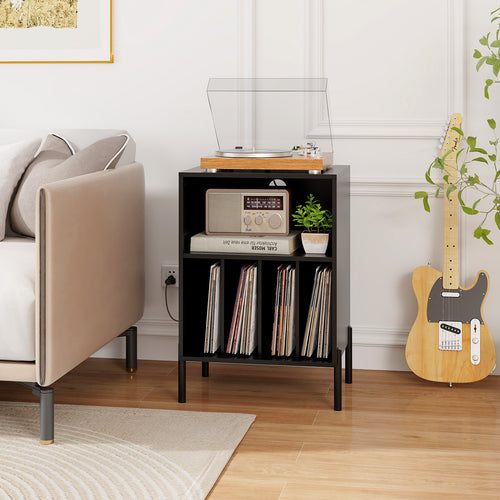 Record Player Stand With Storage Shelf, Charging Station, Black