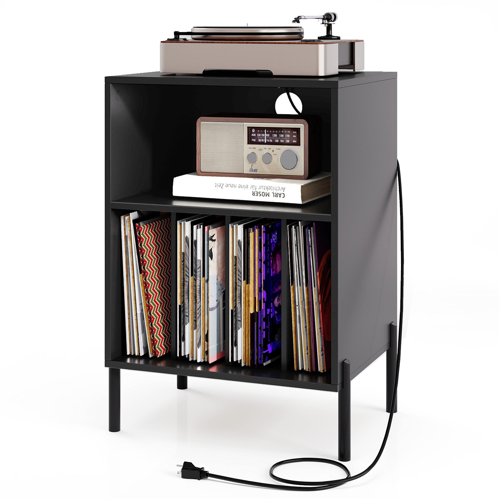 Record Player Stand With Storage Shelf, Charging Station, Black End & Side Tables at Gallery Canada