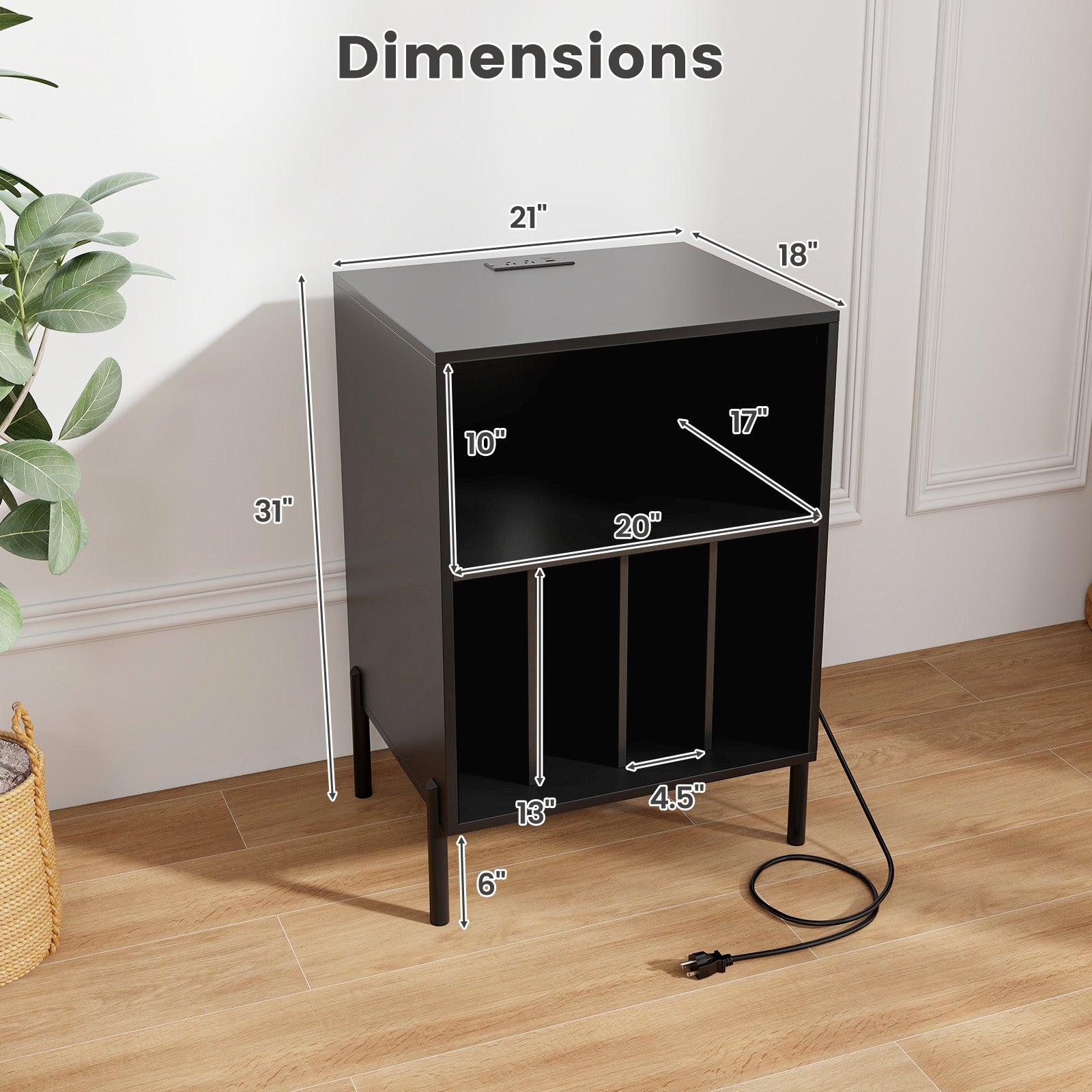 Record Player Stand With Storage Shelf, Charging Station, Black End & Side Tables at Gallery Canada