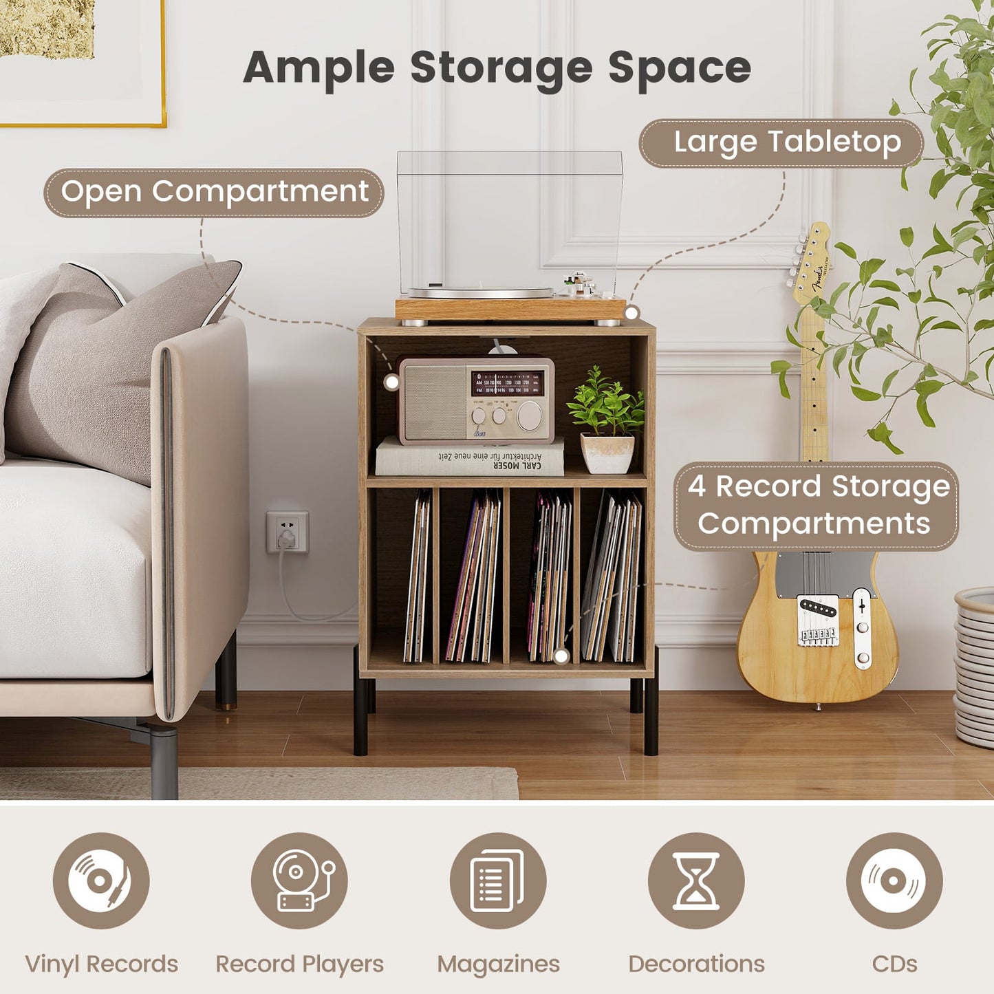 Support de tourne-disque avec étagère de rangement, station de recharge, naturel