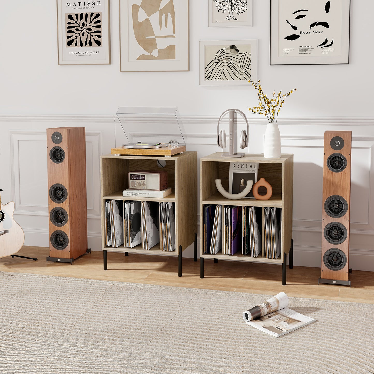 Support de tourne-disque avec étagère de rangement, station de recharge, naturel