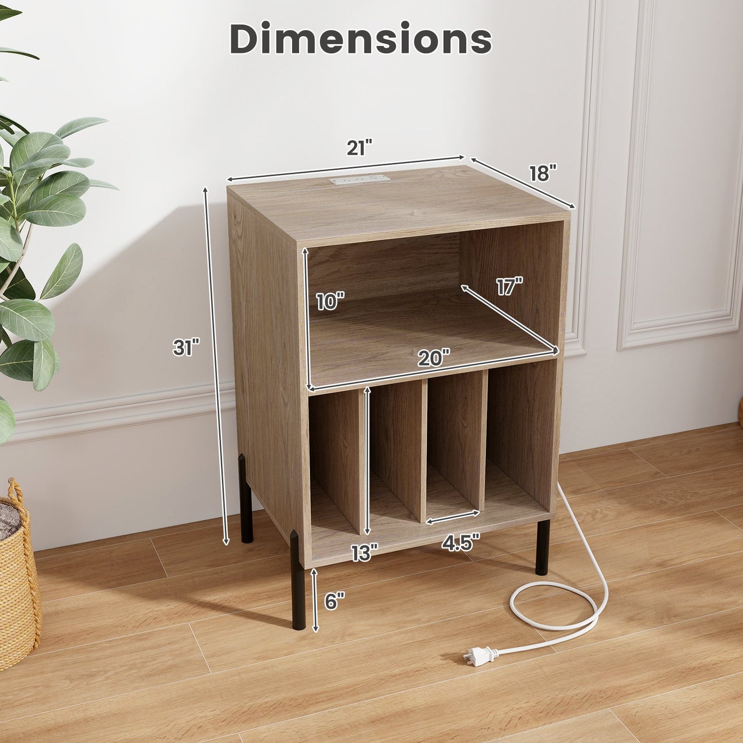 Support de tourne-disque avec étagère de rangement, station de recharge, naturel