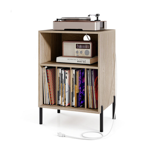 Record Player Stand With Storage Shelf, Charging Station, Natural End & Side Tables Natural at Gallery Canada