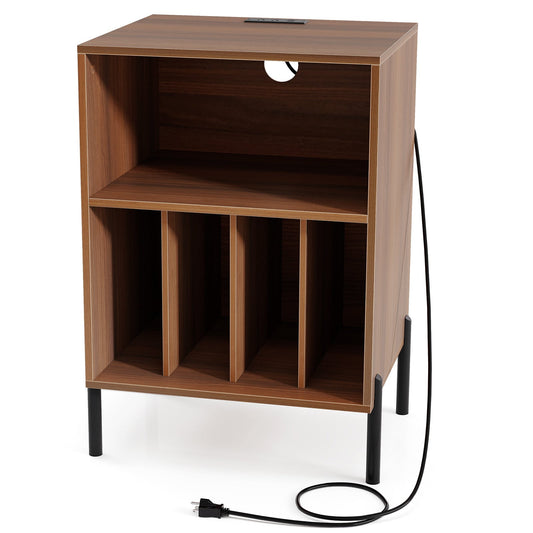Record Player Stand With Storage Shelf, Charging Station, Walnut