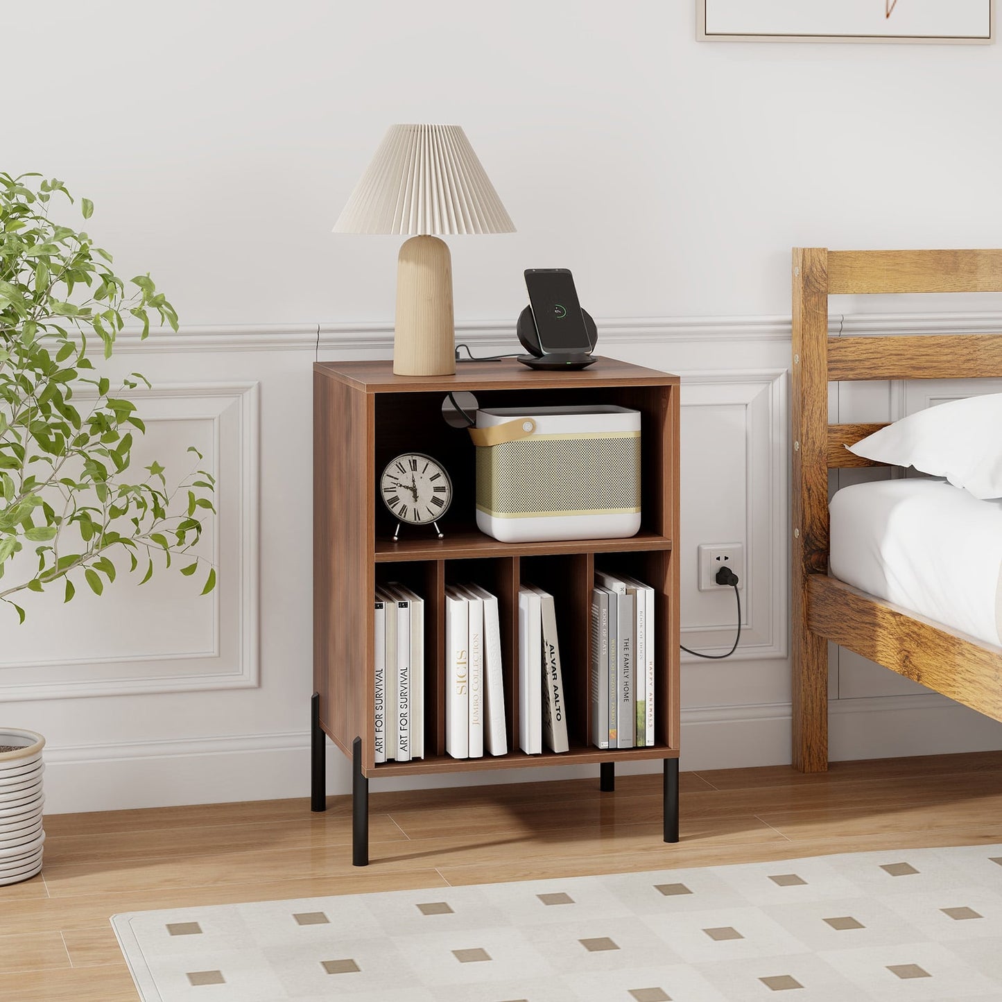 Support pour tourne-disque avec étagère de rangement, station de recharge, noyer