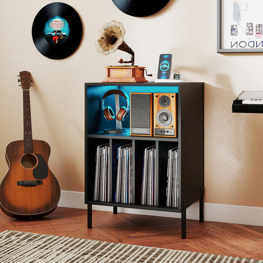 Record Player Stand With LED Light, Charging Station, Black End & Side Tables Black at Gallery Canada