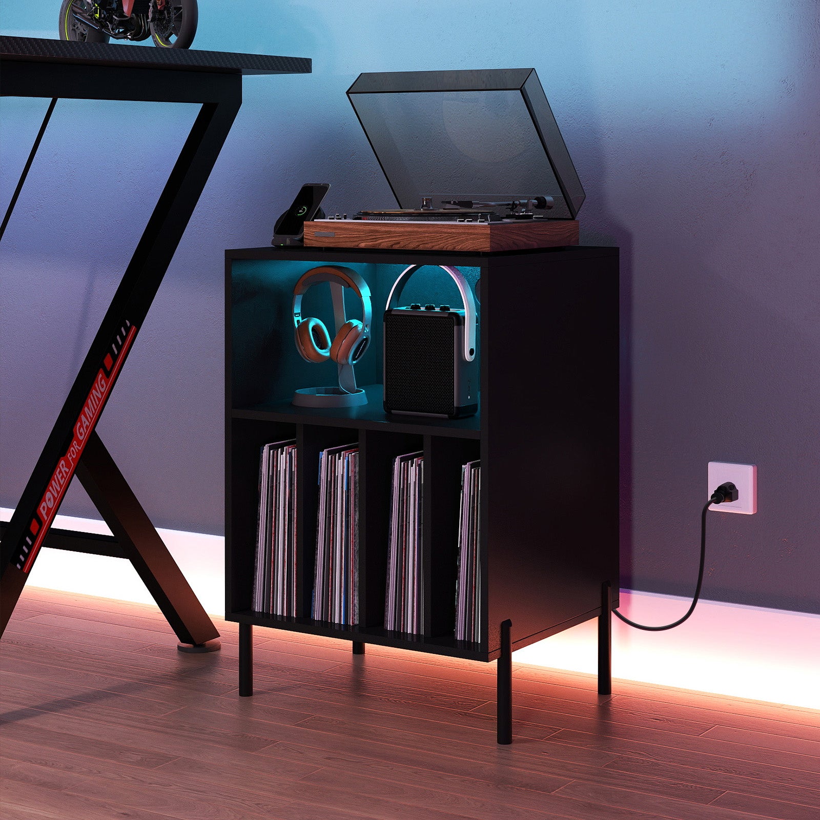 Record Player Stand With LED Light, Charging Station, Black End & Side Tables at Gallery Canada