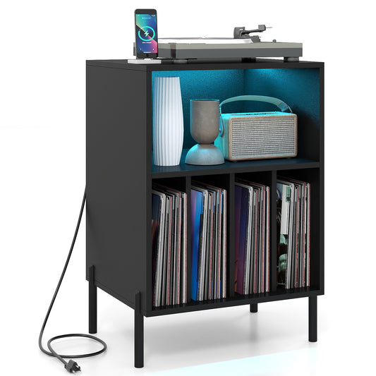 Record Player Stand With LED Light, Charging Station, Black End & Side Tables Black at Gallery Canada