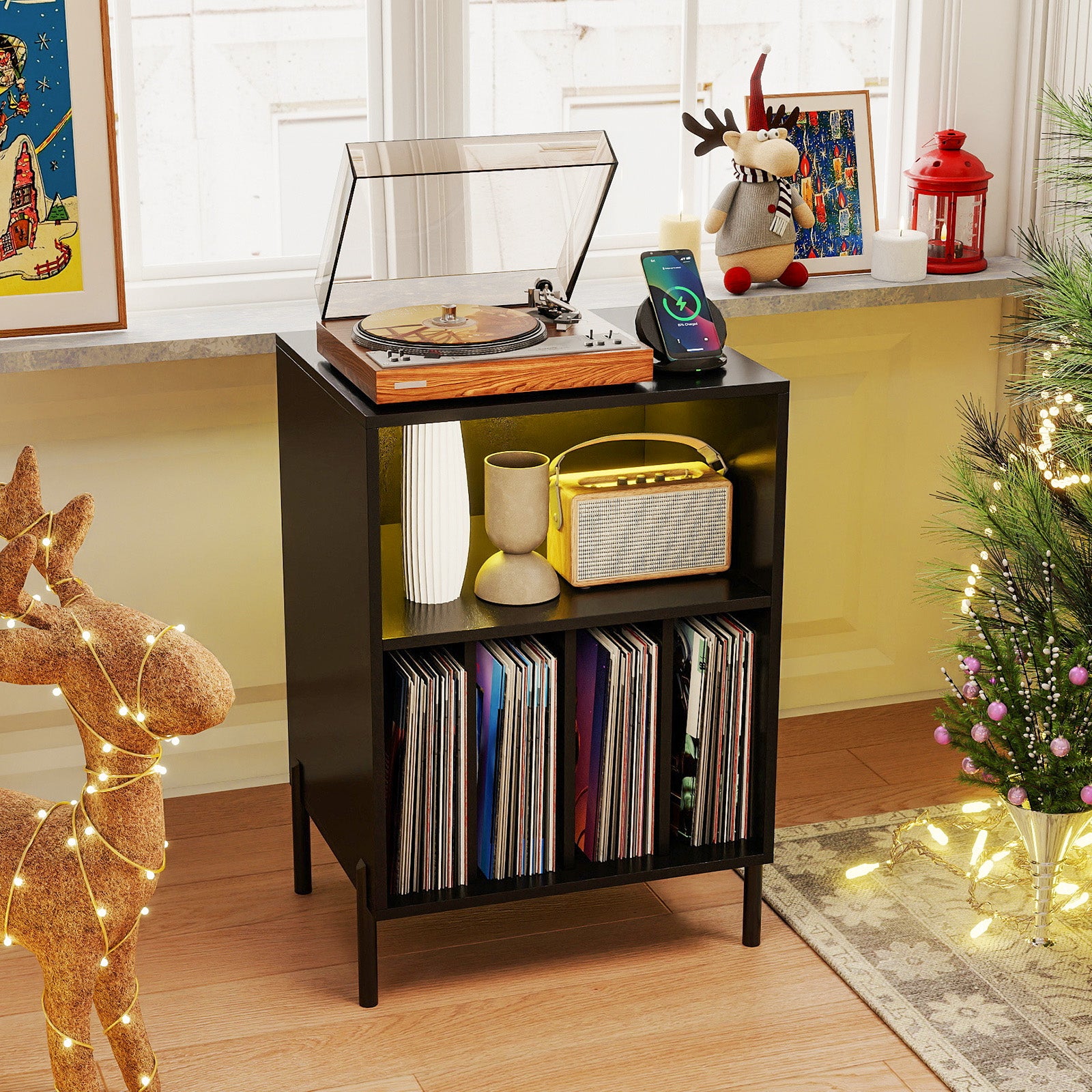 Record Player Stand With LED Light, Charging Station, Black End & Side Tables at Gallery Canada