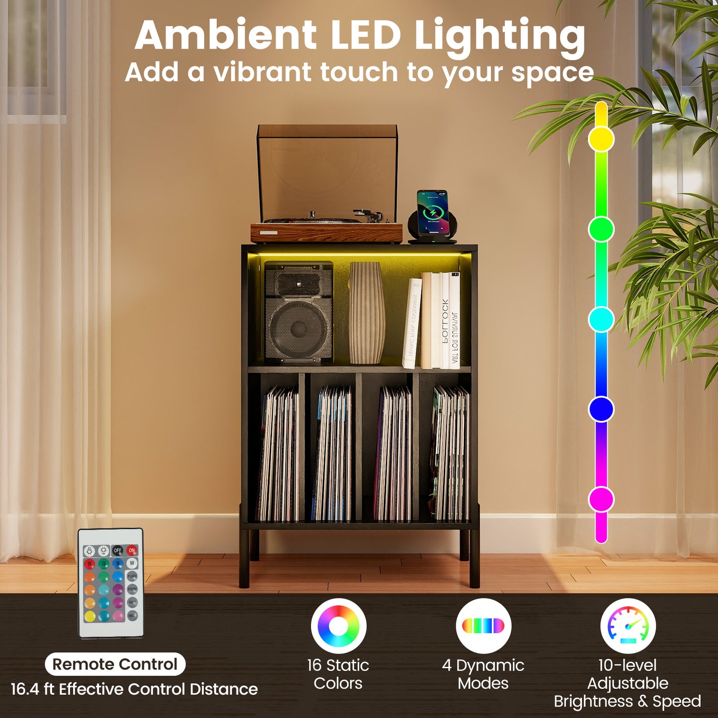 Record Player Stand With LED Light, Charging Station, Black End & Side Tables at Gallery Canada