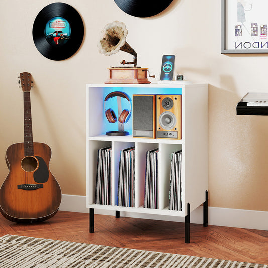Record Player Stand With LED Light, Charging Station, White End & Side Tables White at Gallery Canada