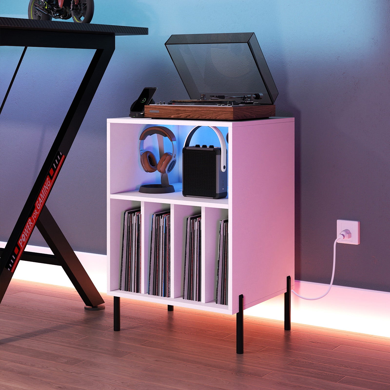 Record Player Stand With LED Light, Charging Station, White End & Side Tables at Gallery Canada