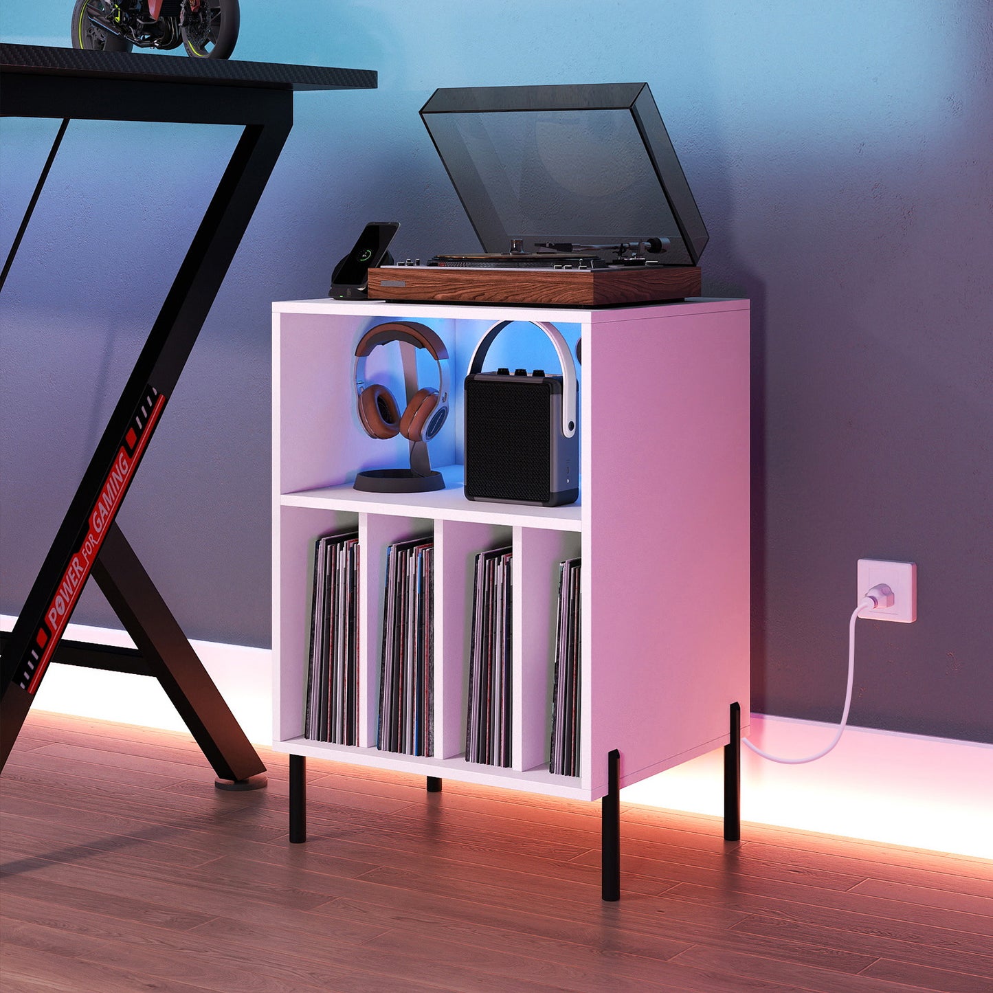 Record Player Stand With LED Light, Charging Station, White End & Side Tables at Gallery Canada