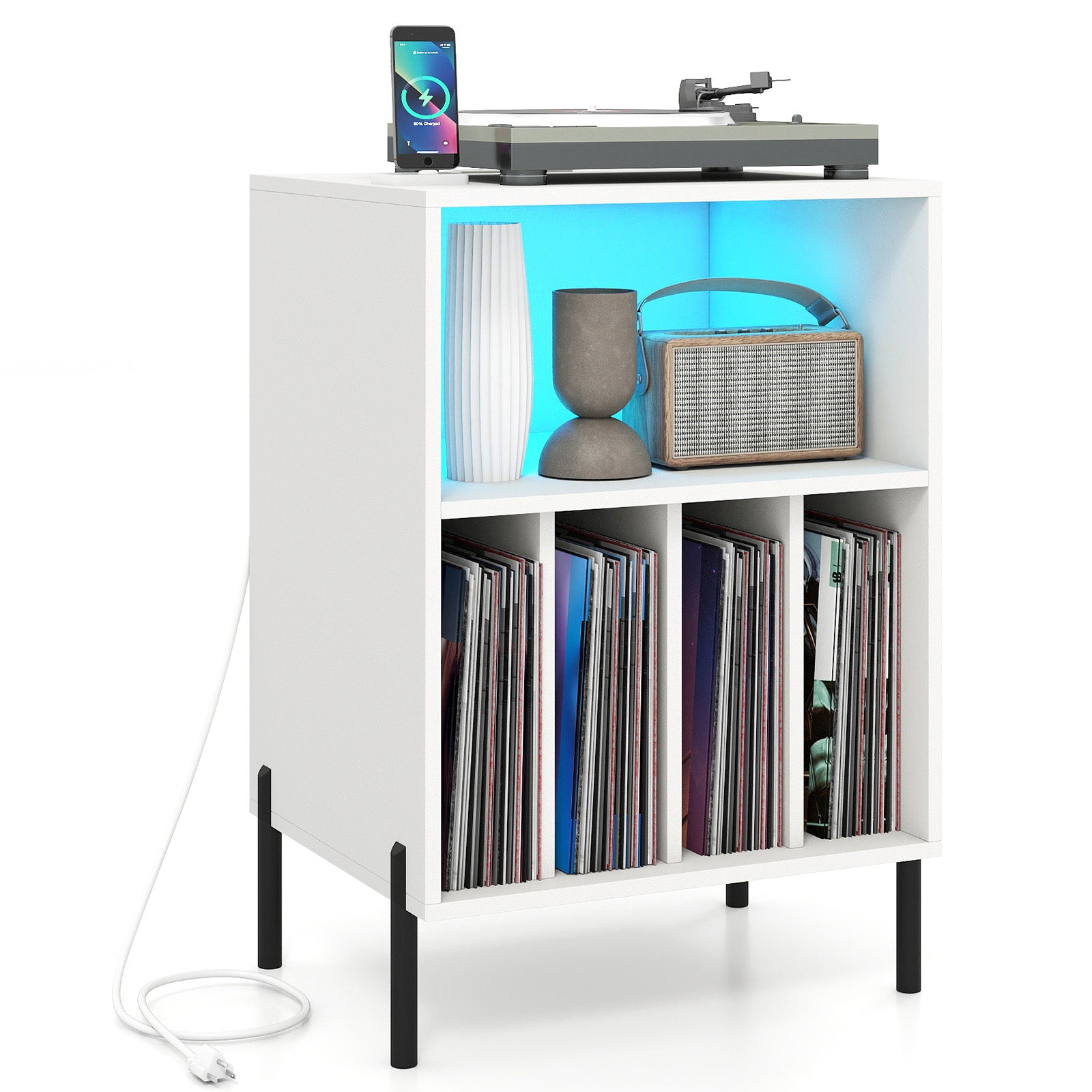Record Player Stand With LED Light, Charging Station, White End & Side Tables White at Gallery Canada