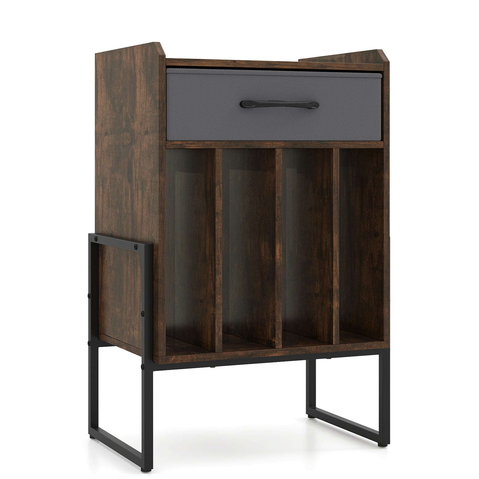 Record Player Stand with Drawer and Record Holder, Rustic Brown