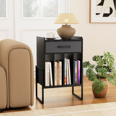 Record Player Stand with Drawer and Record Holder, Black