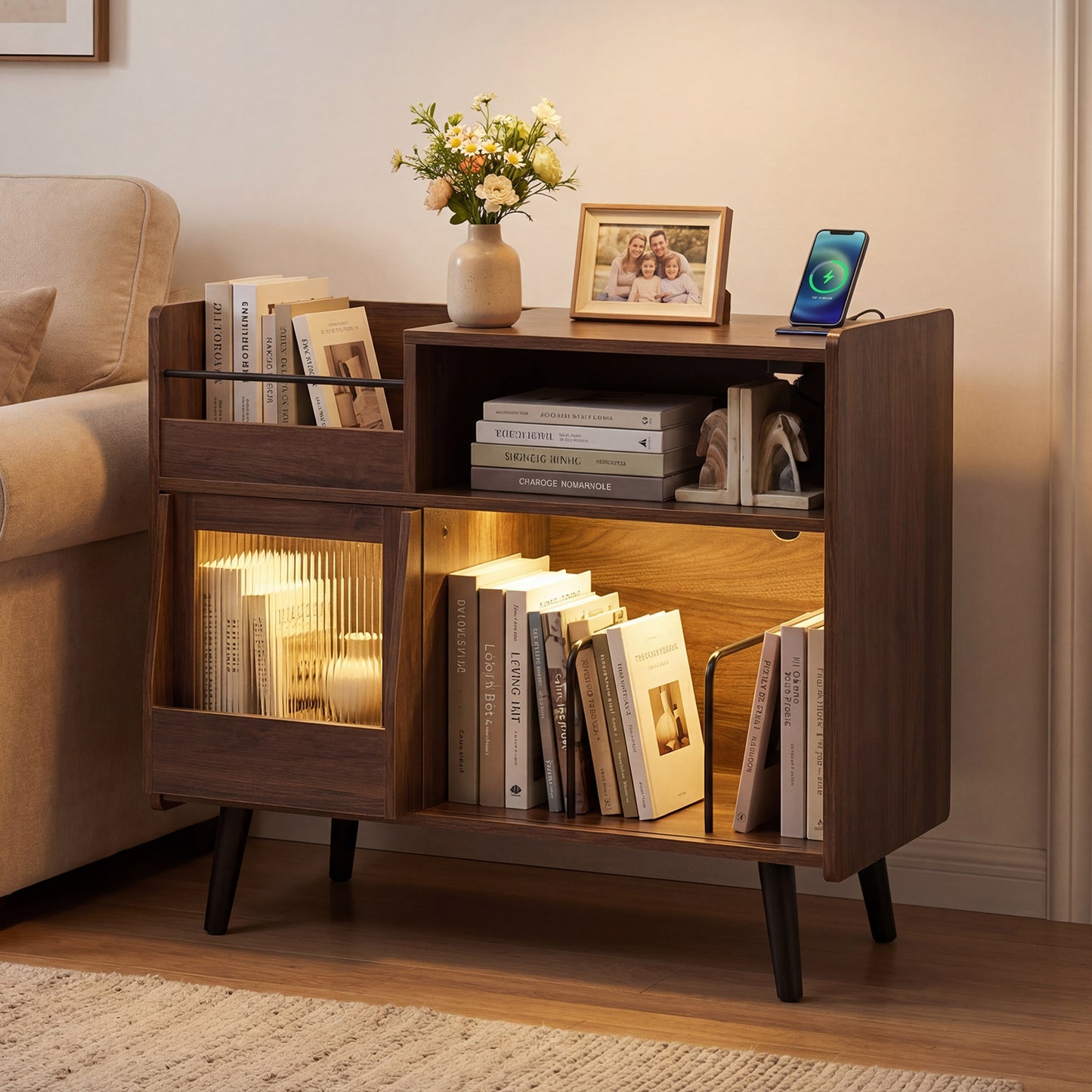 Record Player Stand with LED Light and Power Outlets Large Turntable Stand with Sliding Door, Brown