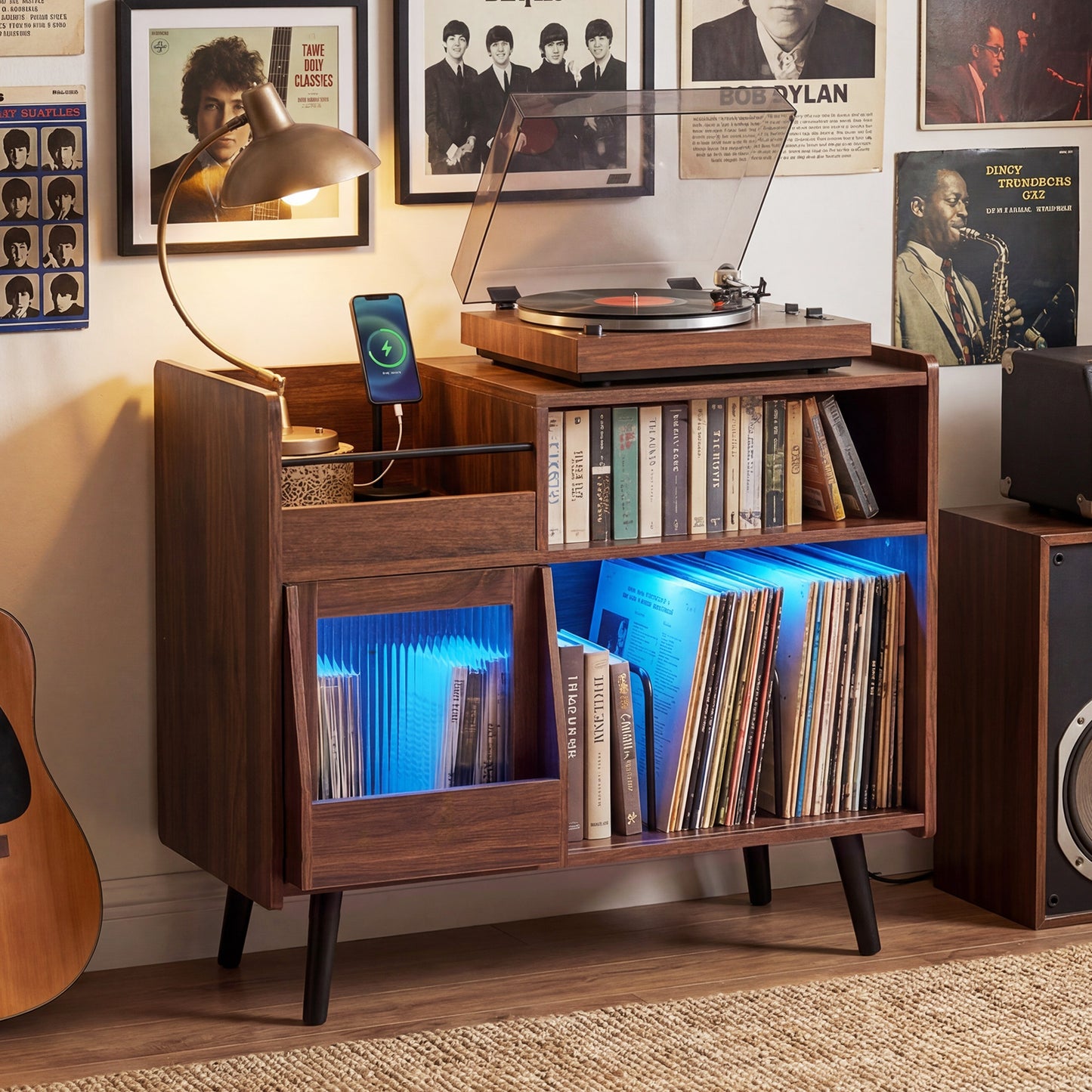 Record Player Stand with LED Light and Power Outlets Large Turntable Stand with Sliding Door, Brown