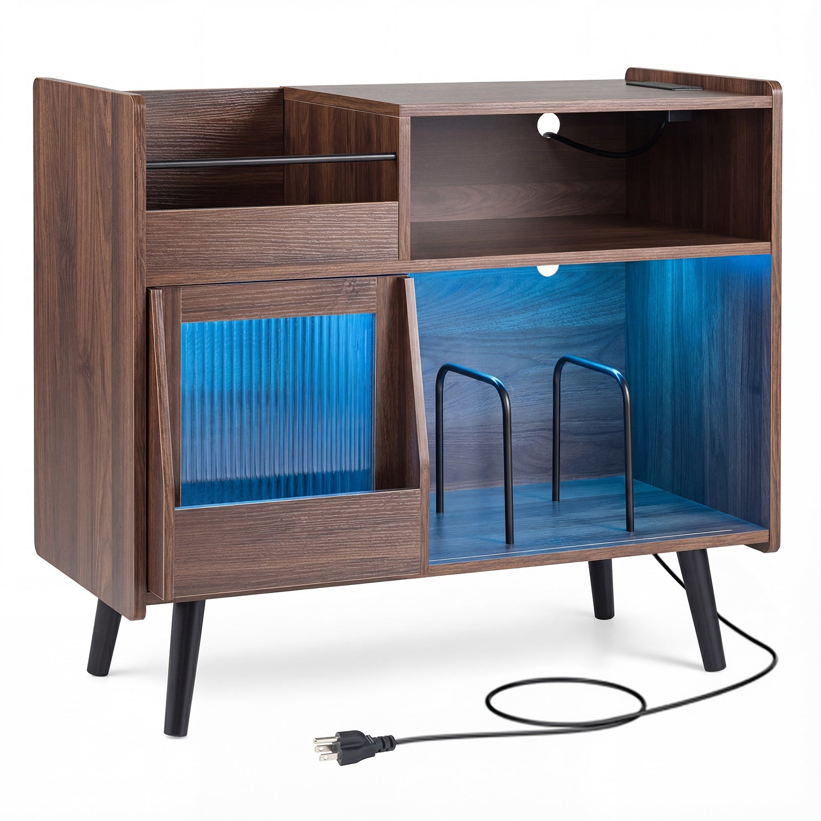 Record Player Stand with LED Light and Power Outlets Large Turntable Stand with Sliding Door, Brown