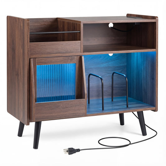 Record Player Stand with LED Light and Power Outlets Large Turntable Stand with Sliding Door, Brown End & Side Tables Brown at Gallery Canada