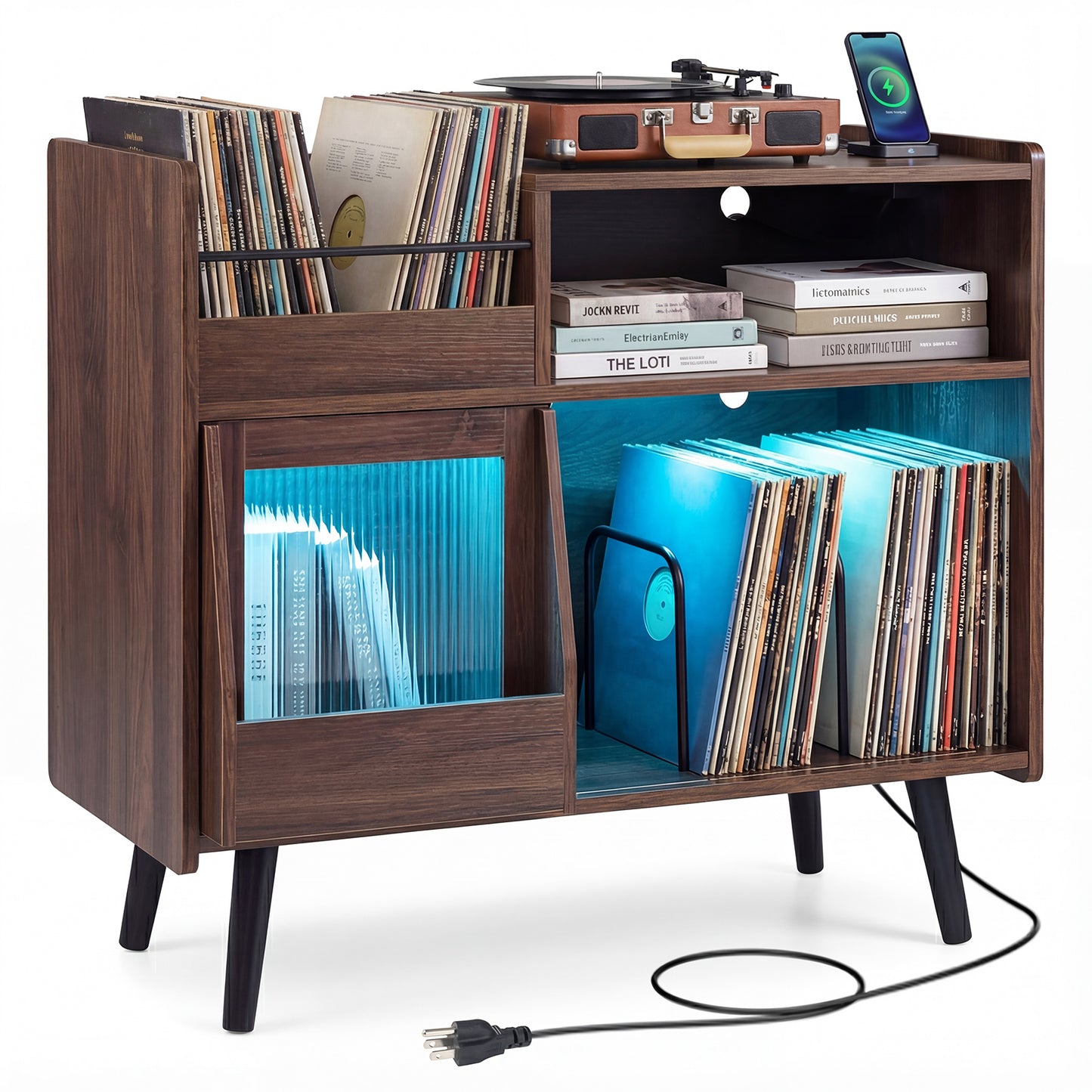 Record Player Stand with LED Light and Power Outlets Large Turntable Stand with Sliding Door, Brown
