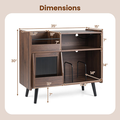 Record Player Stand with LED Light and Power Outlets Large Turntable Stand with Sliding Door, Brown