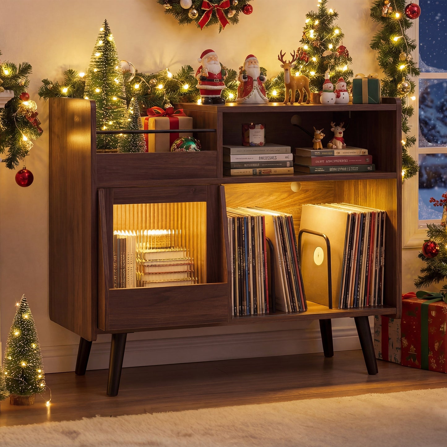 Record Player Stand with LED Light and Power Outlets Large Turntable Stand with Sliding Door, Brown