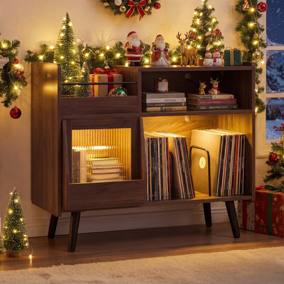 Record Player Stand with LED Light and Power Outlets Large Turntable Stand with Sliding Door, Brown