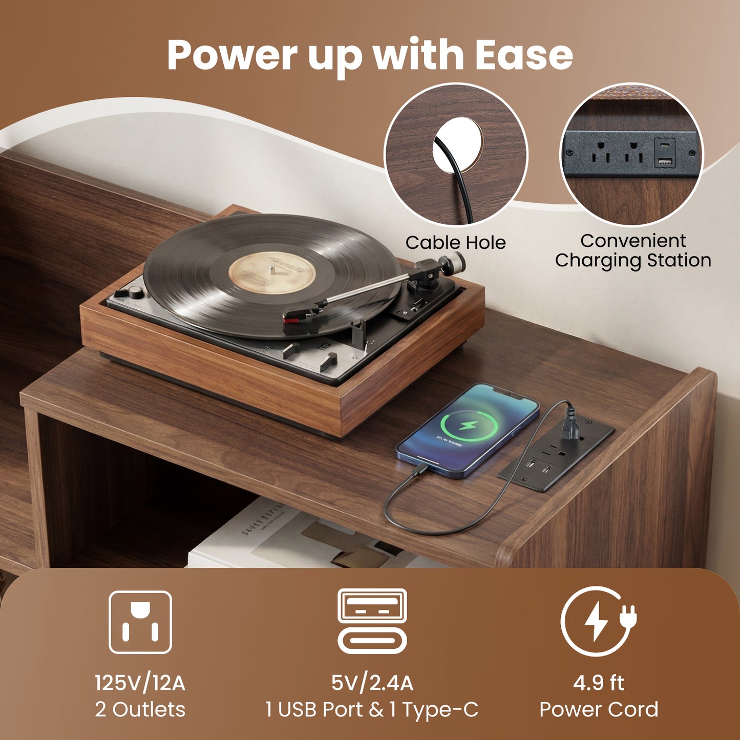 Record Player Stand with LED Light and Power Outlets Large Turntable Stand with Sliding Door, Brown