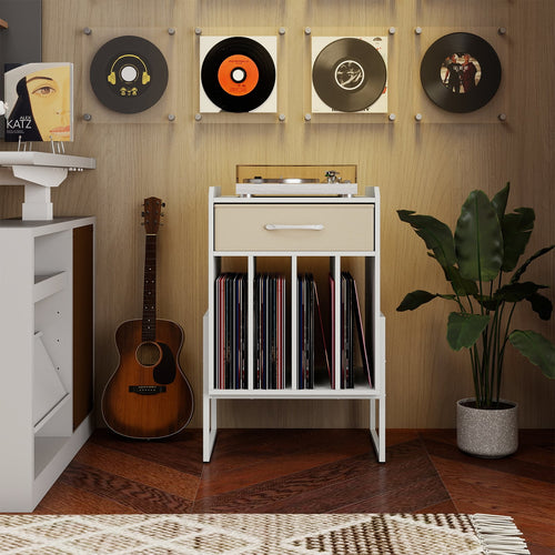 Record Player Stand with Drawer and Record Holder, White