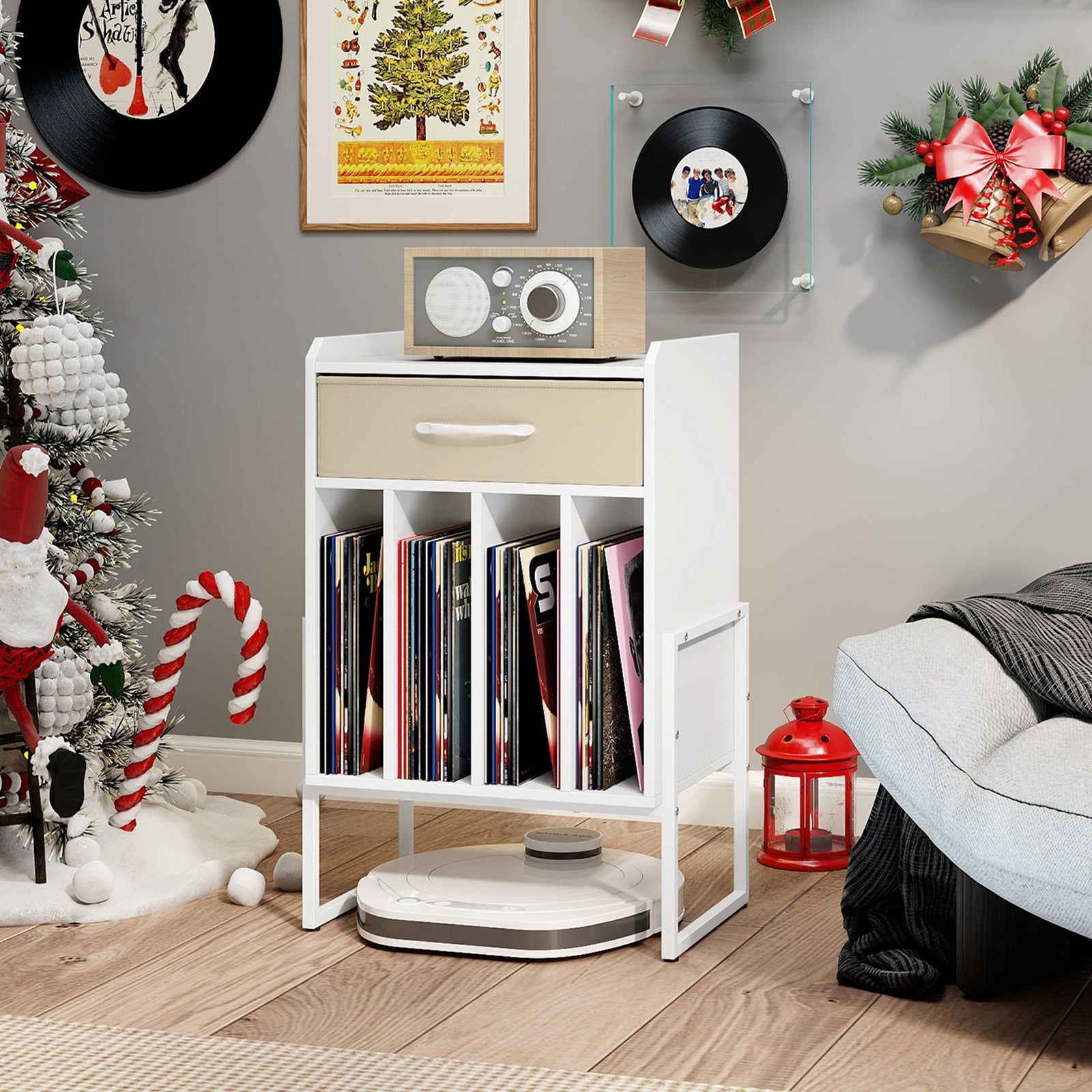 Record Player Stand with Drawer and Record Holder, White End & Side Tables at Gallery Canada