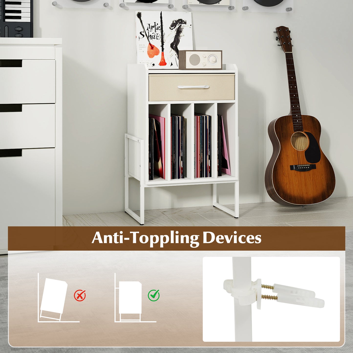 Record Player Stand with Drawer and Record Holder, White End & Side Tables at Gallery Canada