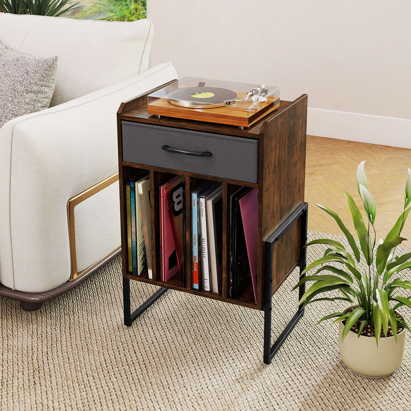 Record Player Stand with Drawer and Record Holder, Rustic Brown End & Side Tables at Gallery Canada